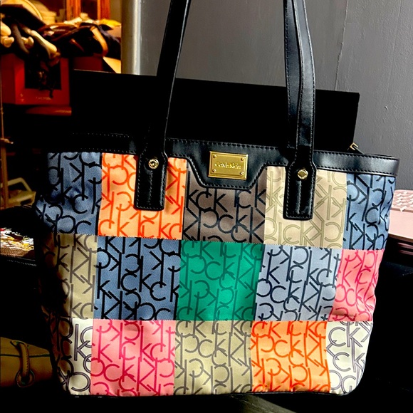 Calvin Klein Colorful Patchwork Nylon & Leather Tote Bag - Picture 1 of 4